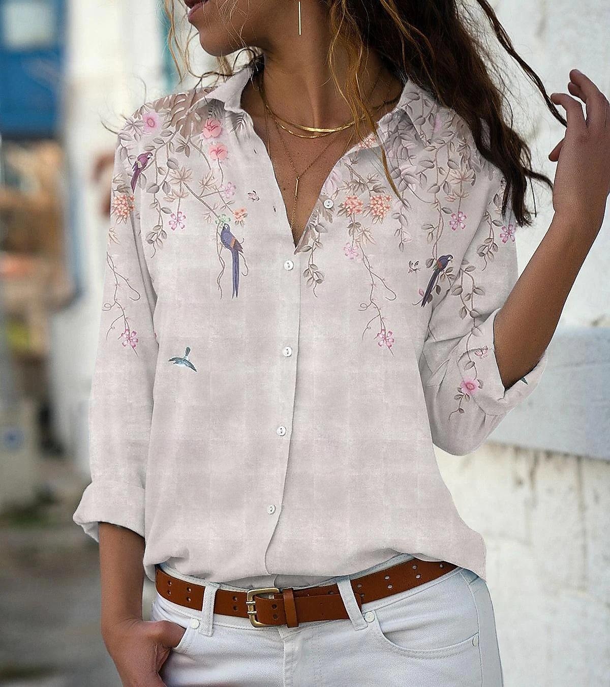 dameskjorte bluse mote blomsterknapper med lange ermer vanlige topper skjortekrage uformell ferie rosa blå grønn vår & falle 2025 - €26.99 –P3