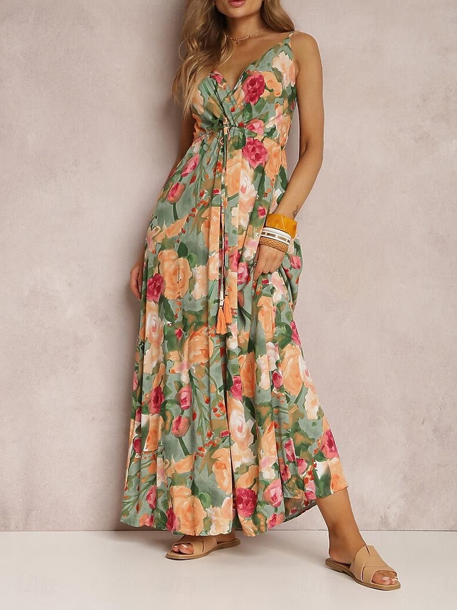 Damen Freizeitkleid Unterkleid Blumen rückenfrei Print Träger langes Kleid Maxikleid Hawaii Urlaub Strand ärmellos Sommer 2025 - $41.99 –P3