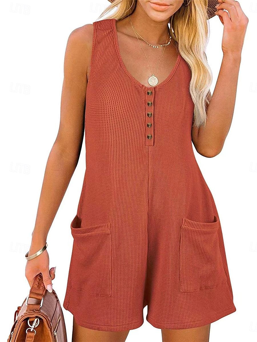 Dam Vanligt Jumpsuits Streetwear Ensfärgat Ärmlös V-hals Knappar Ficka Gata Dagligen Normal Svart Rodnande Rosa Vin Sommar 2025 - $22.99 –P3