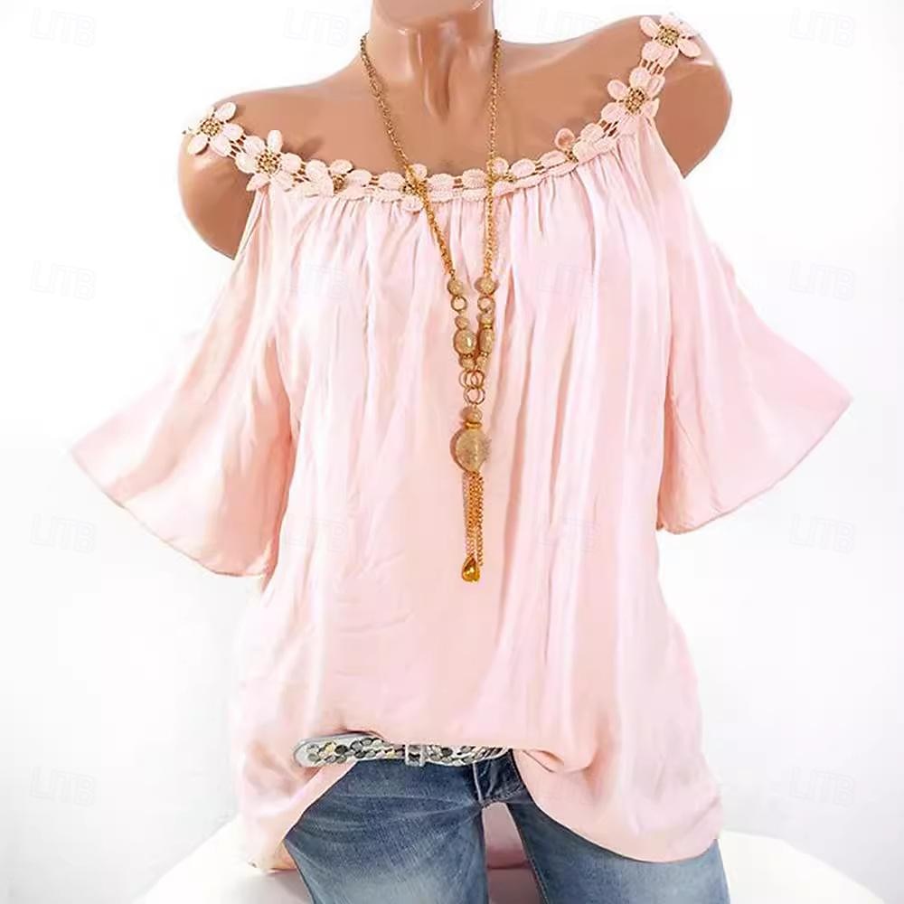 Overhemd Kanten overhemd Blouse Dames Wit Blozend Roze Leger Groen Effen Koude schouder Straat Dagelijks Modieus Ronde hals Normale pasvorm S 2025 - $21.99 –P6
