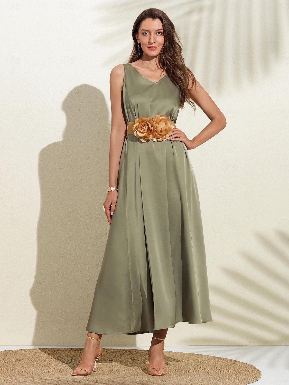 Women's Green Semi Formal Party/Wedding Guest Maxi Dress Sleeveless Loose  Fit Belted V-Neck Tank Dress dress to impress 2024 2026 - $85.99