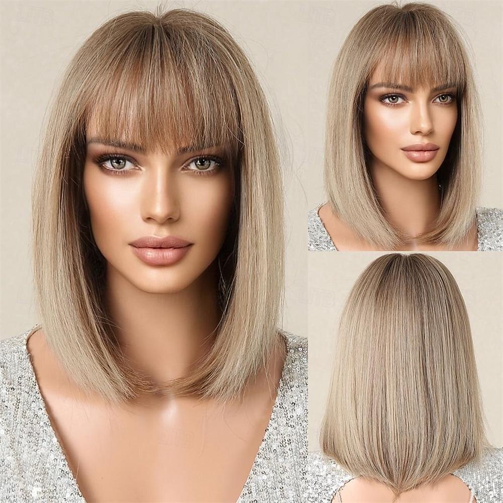 parrucca bionda castano bob ombre con frangia parrucche corte diritte naturali per donne parrucche sintetiche lunghe fino alle spalle per cosplay quotidiano del 2025 a $18.99 –P5