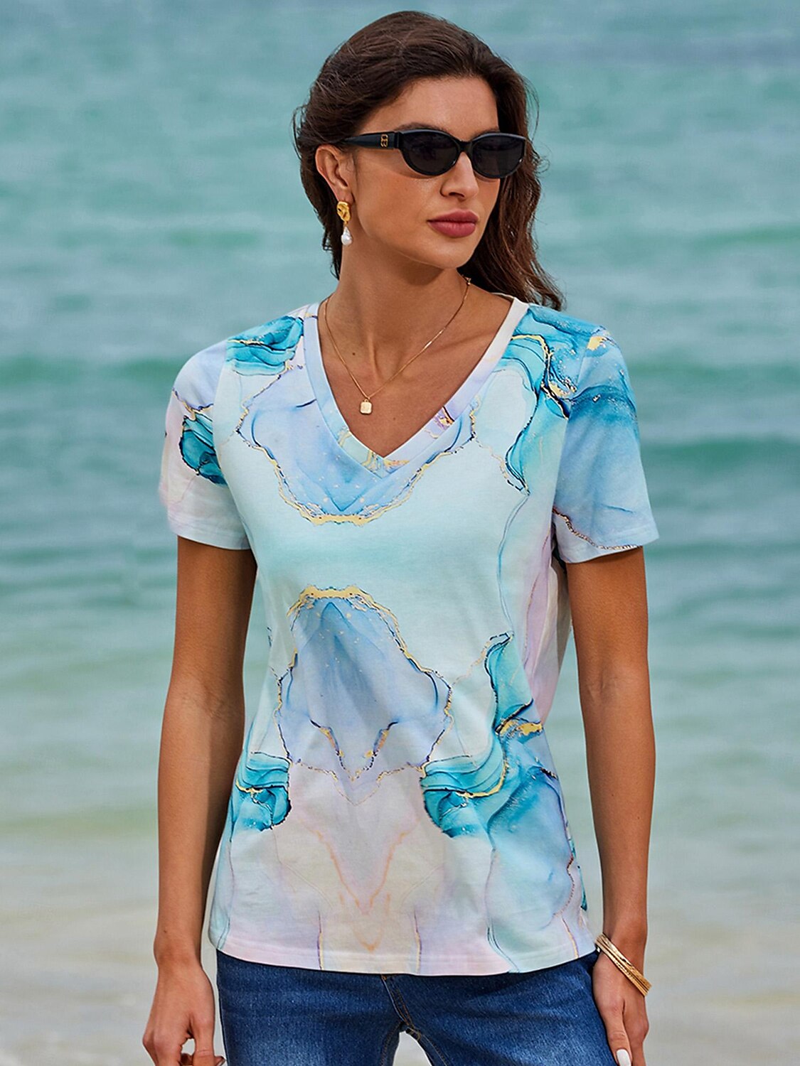 Women's T Shirt Marble Print Short Sleeve Round Neck Regular Tops Casual Daily Print Sky Blue All Seasons 2025 - $38.99 –P2