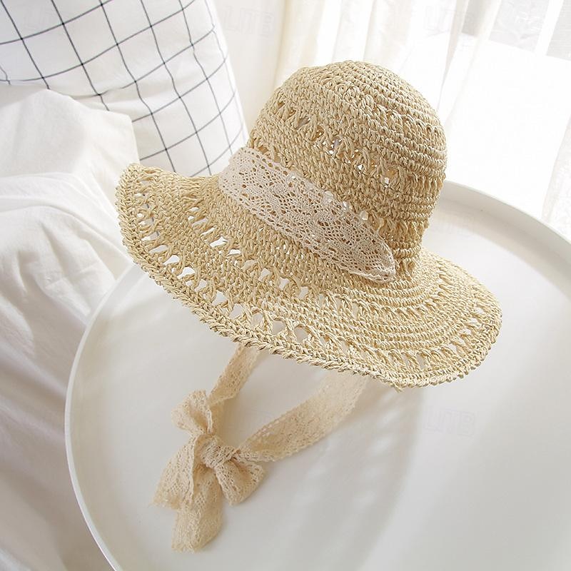cappello a secchiello all'uncinetto cavo nastro di pizzo cravatta a tesa larga cappello da sole in paglia traspirante eleganti cappelli da spiaggia da viaggio per ombrellone per donna del 2025 a $14.99 –P6