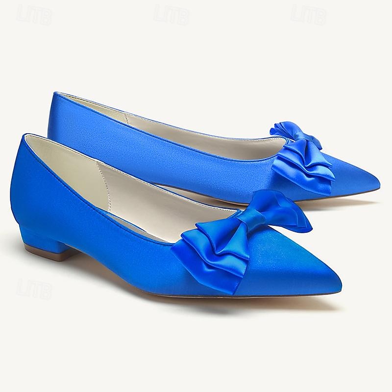 Dame bryllup sko Flate sko Fest Sløyfe Lav hæl Spisstå Elegant Sateng Svart Hvit Krystall 2025 - $79.99 –P1
