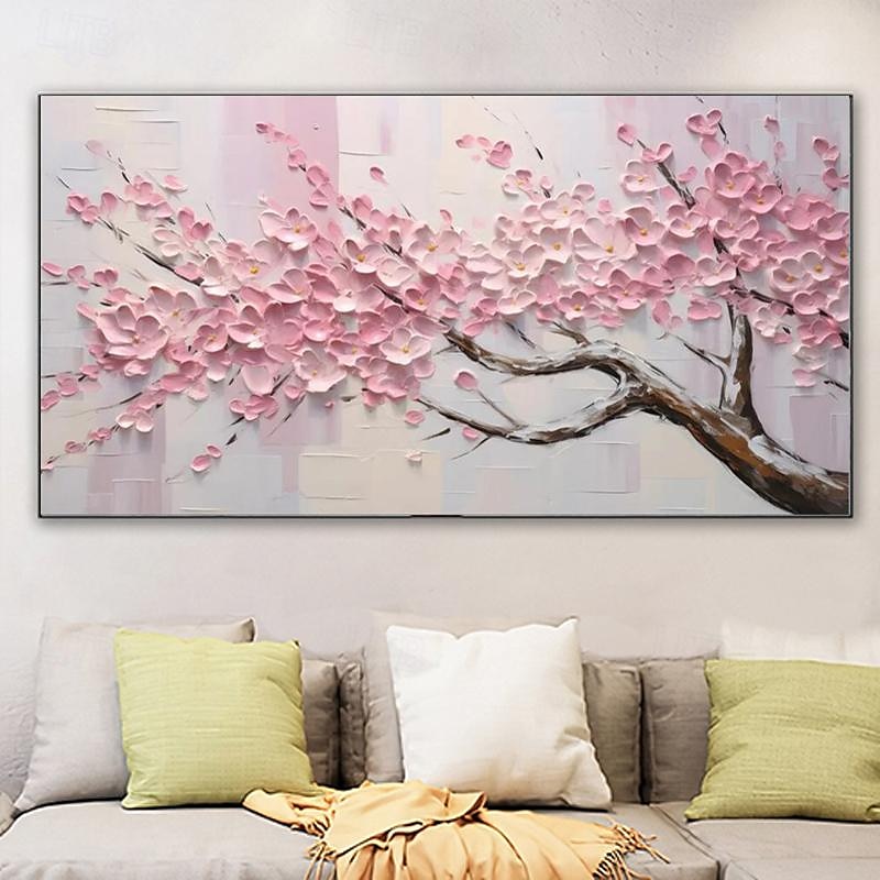 Großes Pflaumenblüten-Ölgemälde, handgemalte rosa Blumen, Leinwand-Wandkunst, dicke Textur, Palettenmesser-Gemälde, Nachttisch-Kunst, Jubiläumsgeschenk, Heimdekoration 2025 - $125.99 –P5