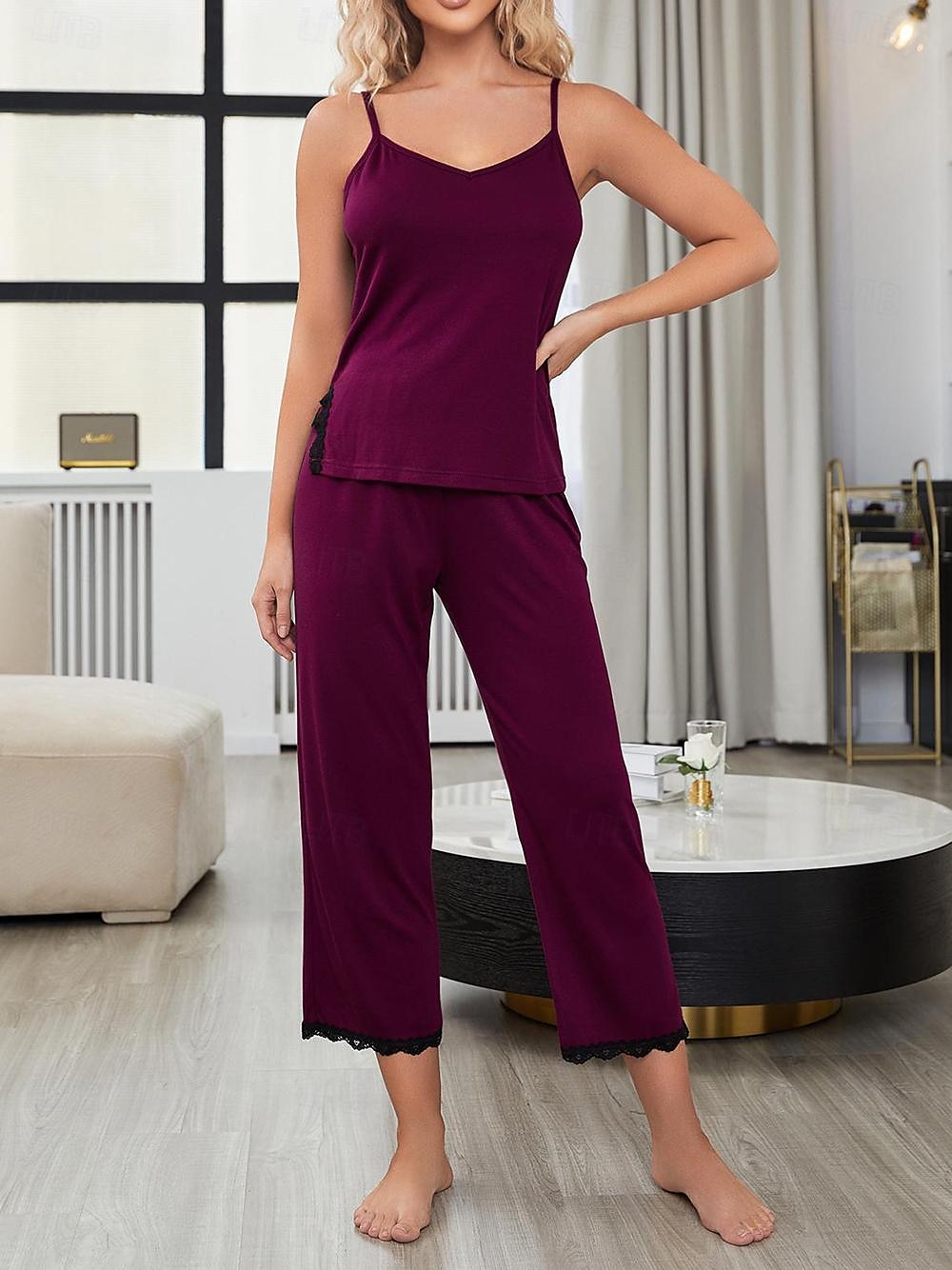 pigiama da donna set colore puro comfort casa quotidiano letto traspirante cinturino top pantaloni estate casa abiti del 2026 a $27.99 –P10