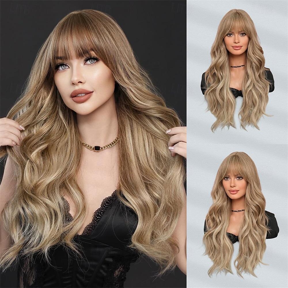 lunghe parrucche ondulate viola con frangia 26 pollici ricci sintetici parrucche ombre resistenti al cuore per le donne cosplay di feste quotidiane usate del 2025 a $21.99 –P7