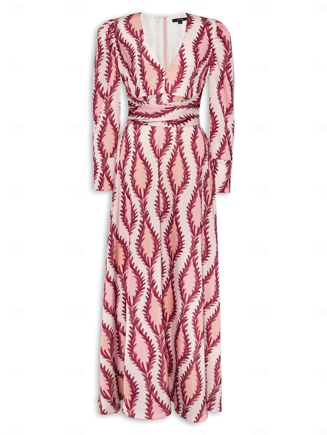 Per donna Orlo maxi Raso Maxi Vestito maxi SALMONE Bianco Manica lunga Modello di piante Fiore / Piante Pulsante pianta Primavera A V Abito volante S M L del 2025 a $93.99 –P15