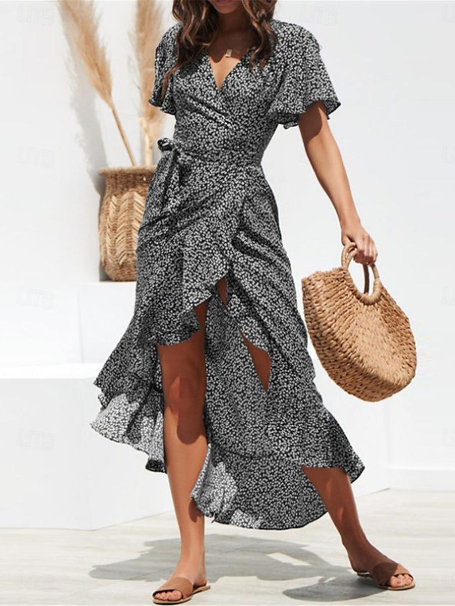robe décontractée pour femme robe portefeuille à pois à lacets à volants col en V robe longue robe maxi vacances manches courtes été de 2025 ? $33.99 –P4
