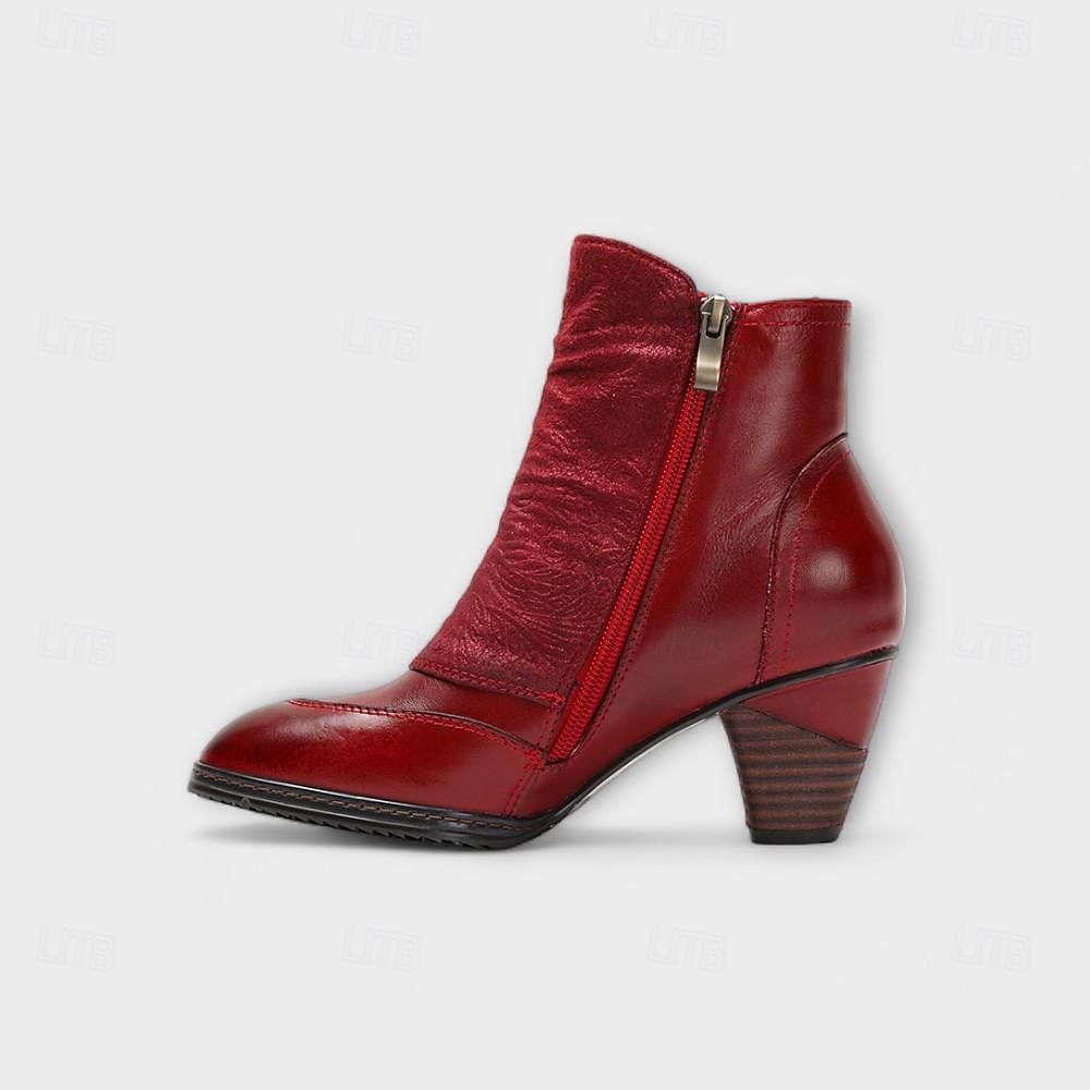 damskie botki vintage z czerwonej skóry – najwyższej jakości skóra bydlęca z kwiatowymi akcentami guzikowymi i grubym obcasem, idealne do stylu retro i na co dzień 2026 - $94.99 –P3
