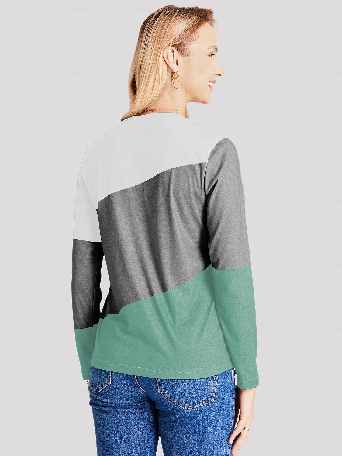 2025年 女性用 Tシャツ カラーブロック 日常 ベーシック 長袖 ラウンドネック レギュラートップス 日常 週末 プリント ピンク ブルー グリーン カーキ色 秋冬 コレクション – $3.79 –P6
