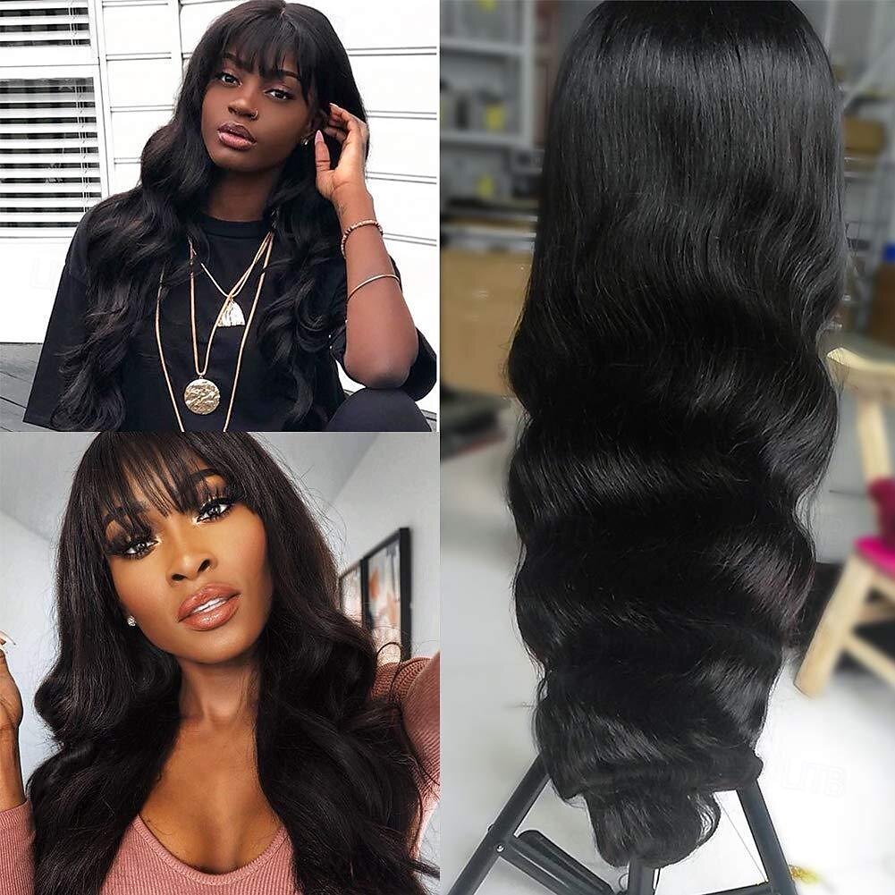 Body Wave pruiken met pony Echt haar pruik voor zwarte vrouwen Natuurlijke kleur 150% dichtheid Braziliaans maagdelijk haar Geen Kanten pruiken Machine gemaakte pruik 2025 - $86.99 –P1