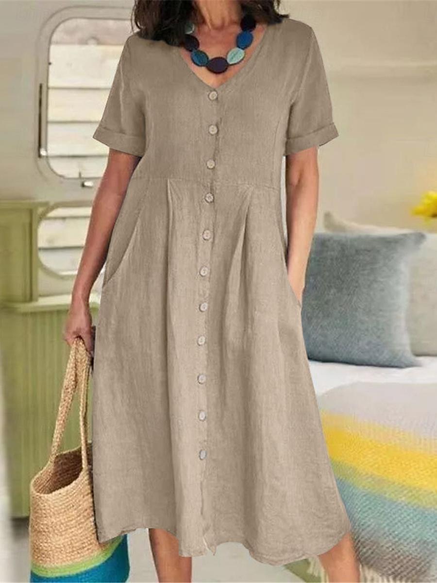 Damen Armeegrün Schwarz Weiß Sommer Frühling Midikleid Weißes Kleid Baumwoll-Leinen-Kleider Hemdblusenkleid Basic Modern Täglich Wochenende Lässiger Schnitt Einfach V Ausschnitt 2025 - $26.99 –P7