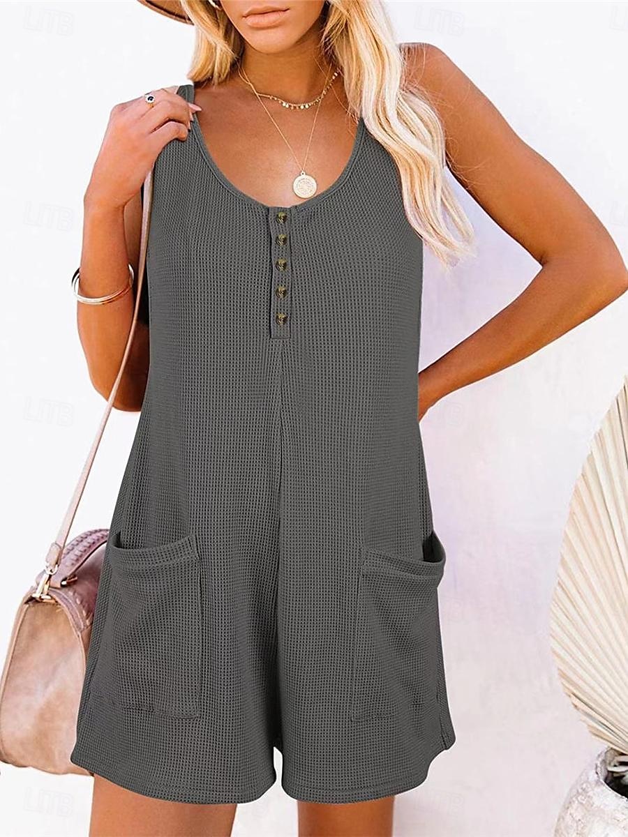 Dam Vanligt Jumpsuits Streetwear Ensfärgat Ärmlös V-hals Knappar Ficka Gata Dagligen Normal Svart Rodnande Rosa Vin Sommar 2025 - $22.99 –P10