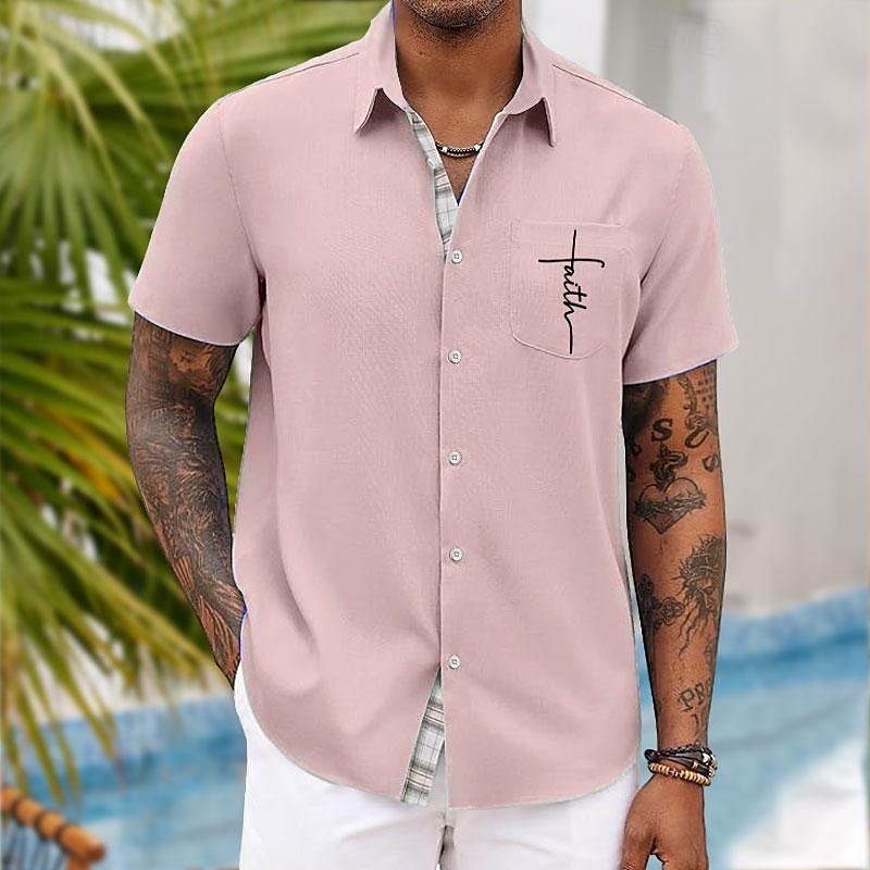 Herren Glaube Knopfhemd Bedruckte Hemden Kurzarm Hawaiianisch Resort Urlaub Ferien Alltagskleidung Sommer Umlegekragen Tasche Druck Button-Down Blau Rosa Grün Grau 2026 - $23.99 –P5