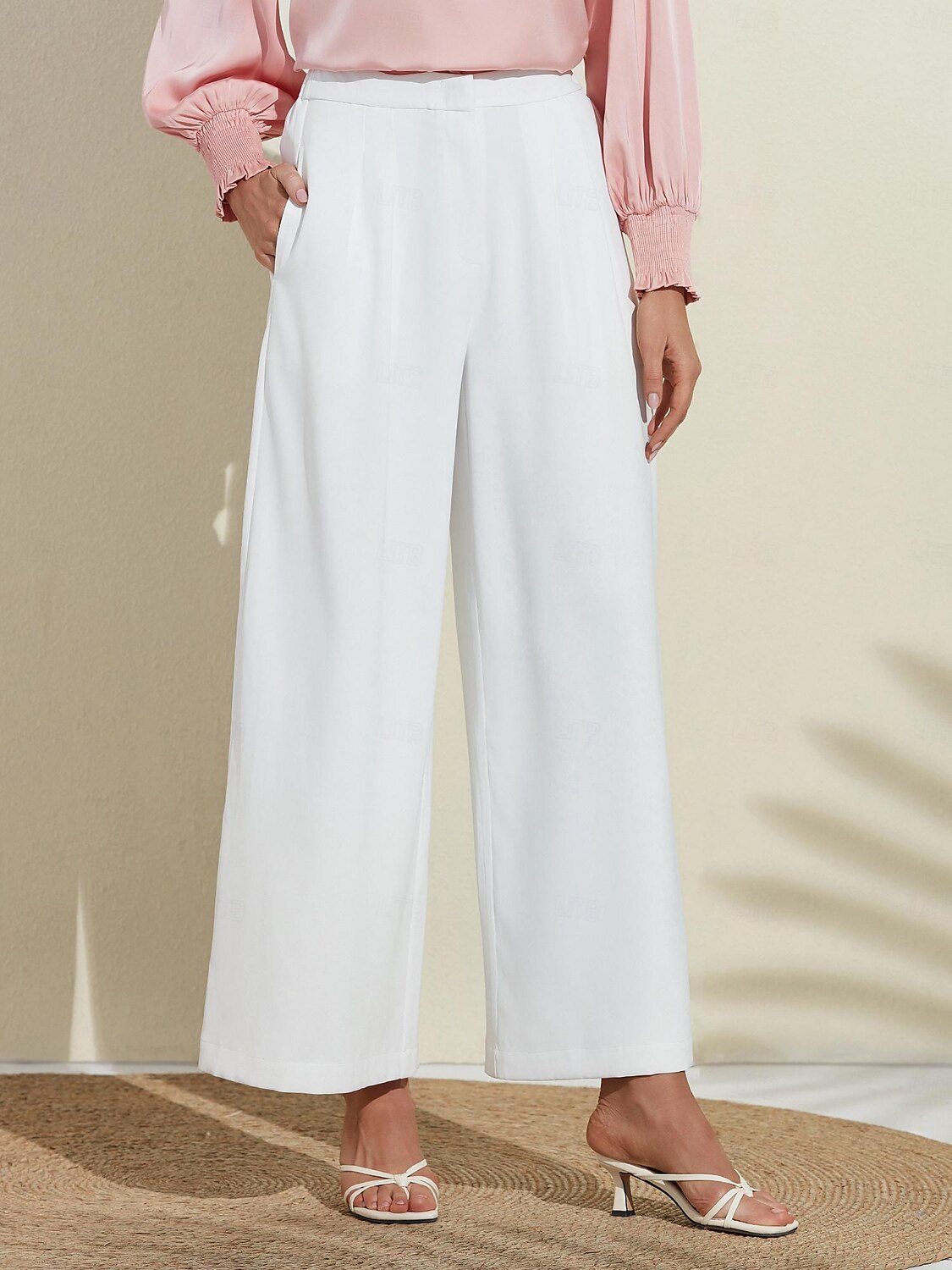 Damen Basic-Hose in Weiß, weites Bein, volle Länge, elastische Taille 2025 - $46.99 –P4