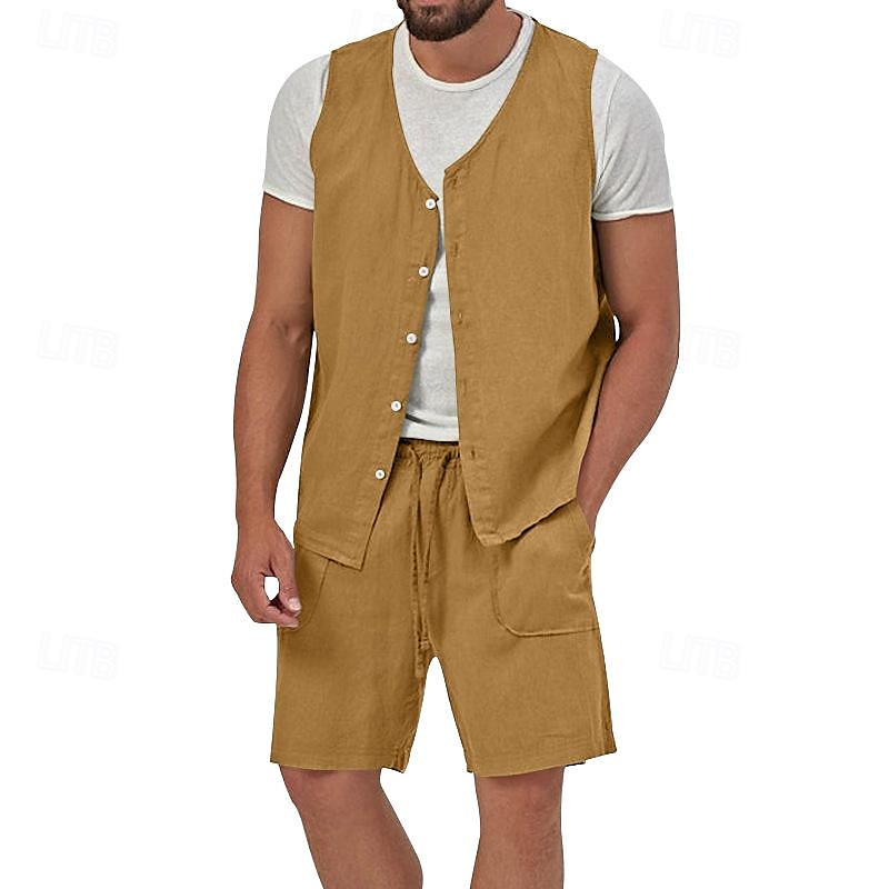 Men's Linen Shorts Summer Shorts Beach Shorts Set Pocket Drawstring Elastic Waist Plain Comfort Breathable Short Holiday Vacation Beach Hawaiian Boho Black Yellow 2025 - $34.99 –P9