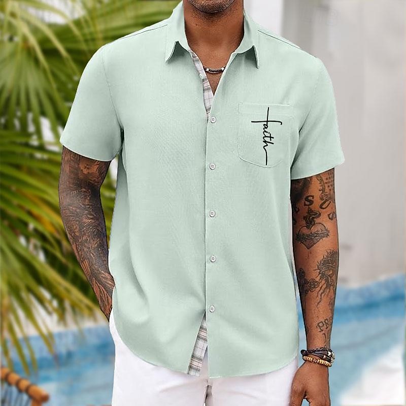 Herren Glaube Knopfhemd Bedruckte Hemden Kurzarm Hawaiianisch Resort Urlaub Ferien Alltagskleidung Sommer Umlegekragen Tasche Druck Button-Down Blau Rosa Grün Grau 2026 - $23.99 –P3
