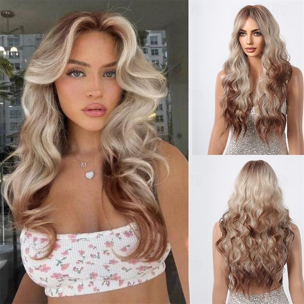 lunghe parrucche ricci marroni per donna, parrucche a onde profonde con frangia, parrucche sintetiche resistenti al calore con riflessi del 2025 a $20.99 –P12
