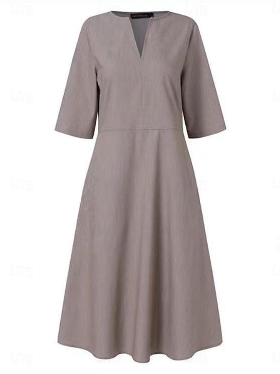 Damen Schwarz Blau Grau Sommer Frühling Midikleid Baumwoll-Leinen-Kleider Freizeitkleid Baumwoll-Sommerkleid Basic Modern Täglich Wochenende Lässiger Schnitt Einfach V-Ausschnitt 2025 - $26.99 –P5