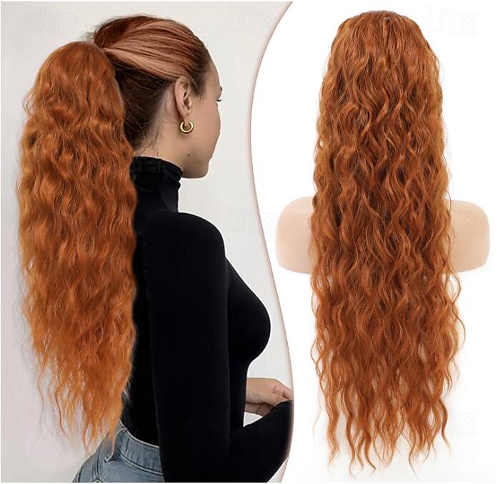 Cordon queue de cheval extensions de cheveux cuivre rouge longue bouclée ondulée queue de cheval naturel ondulé postiches synthétiques pour les femmes de 2025 ? $11.99 –P9