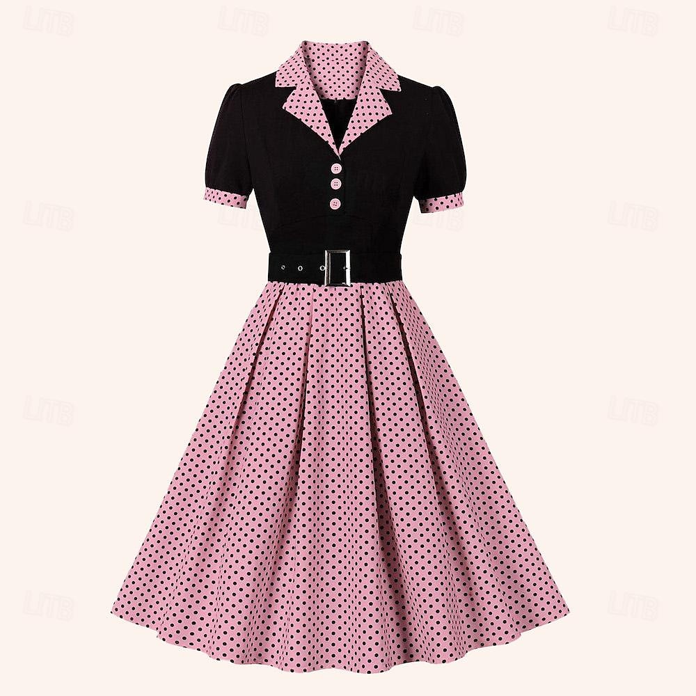 Retro 50. léta Polední A-Line šaty Houpací šaty Košilové šaty S páskem Puntíky Přehnutý Dámské Karneval Ležérní Denní nošení Retro tematická párty Dospělé Šaty Jaro léto 2025 - $32.99 –P11