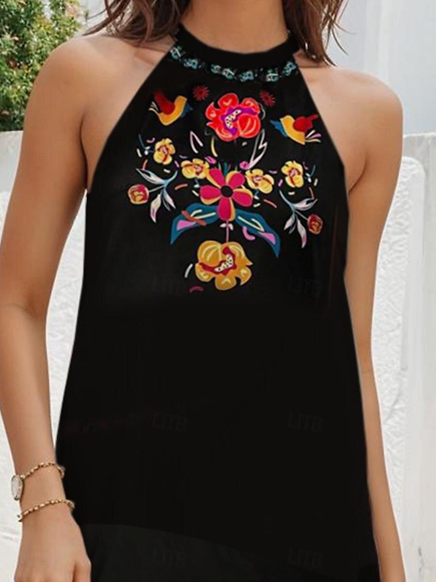 Damen Mini Kleid Petite Kleid Sommerkleid Boho Kleid Bohemia Ethnisch Urlaub Cocktailparty Strand Lässige Passform Floral Ärmellos Neckholder Schwarz Sommer 2025 - $30.99 –P3