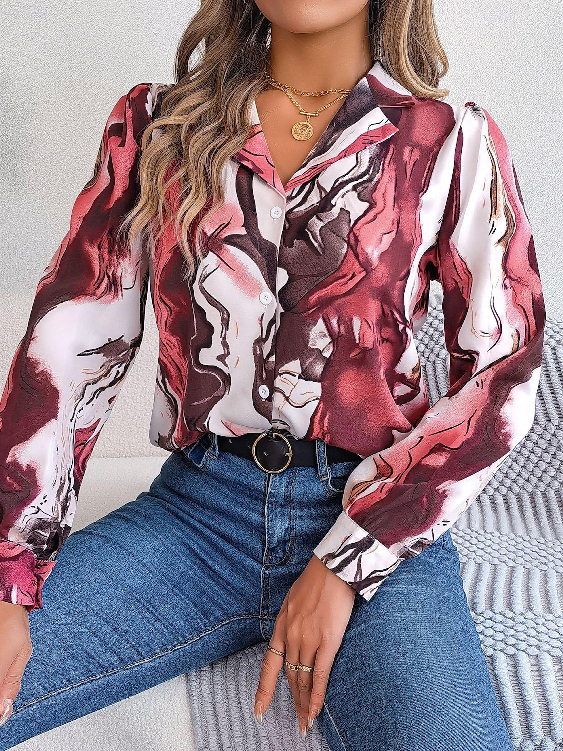 dames overhemd blouse mode abstract knopen print lange mouw normale tops overhemd kraag casual geel rood blauw paars groen lente& val 2025 - $29.99 –P4