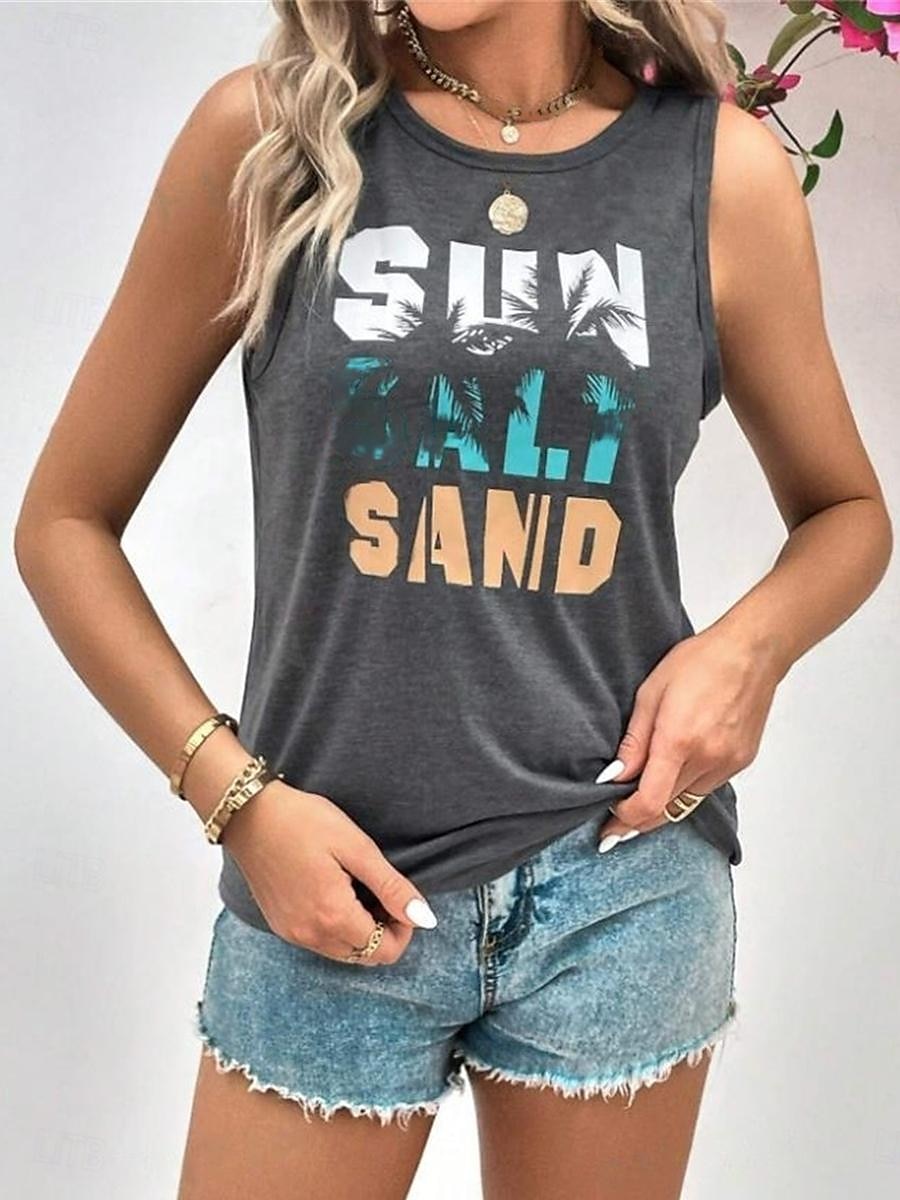 Damers Spaghetti Tank Top Västs Semester Tropisk Mode Bokstavstryck Ärmlös Regelbundna Toppar Crew Neck Avslappnad Svart Grå Sommar 2025 - $17.99 –P1