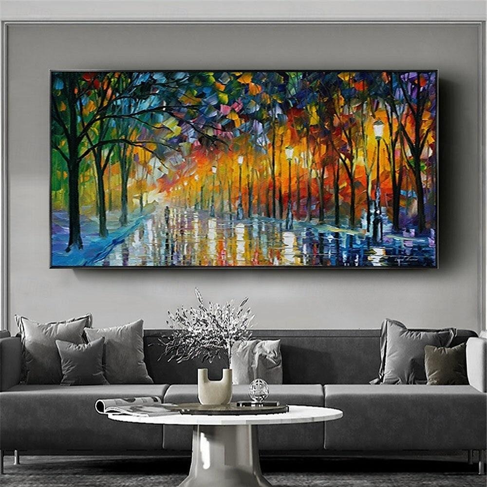 Streichmessergemälde, handgemaltes Paar mit Regenschirm, das unter den Lichtern der Bäume läuft, Ölgemäldeeffekt, aufrollbare Leinwandkunst, Wandkunst, Gemälde, Straße, Spaziermesser, 2025 - $66.99 –P3