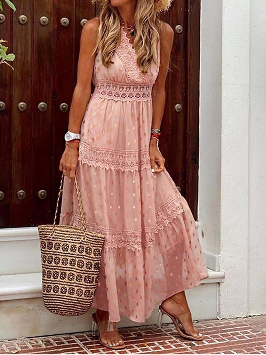 Per donna Abito Lungo Maxi Abito Abito in Pizzo Abito Bianco Abito a trapezio Abito Semplice Essenziale Boho Linea A Spiaggia Vacanza Ferie Vestibilità regolare Senza Maniche Scollo a V Bianco Giallo del 2026 a $37.99 –P2