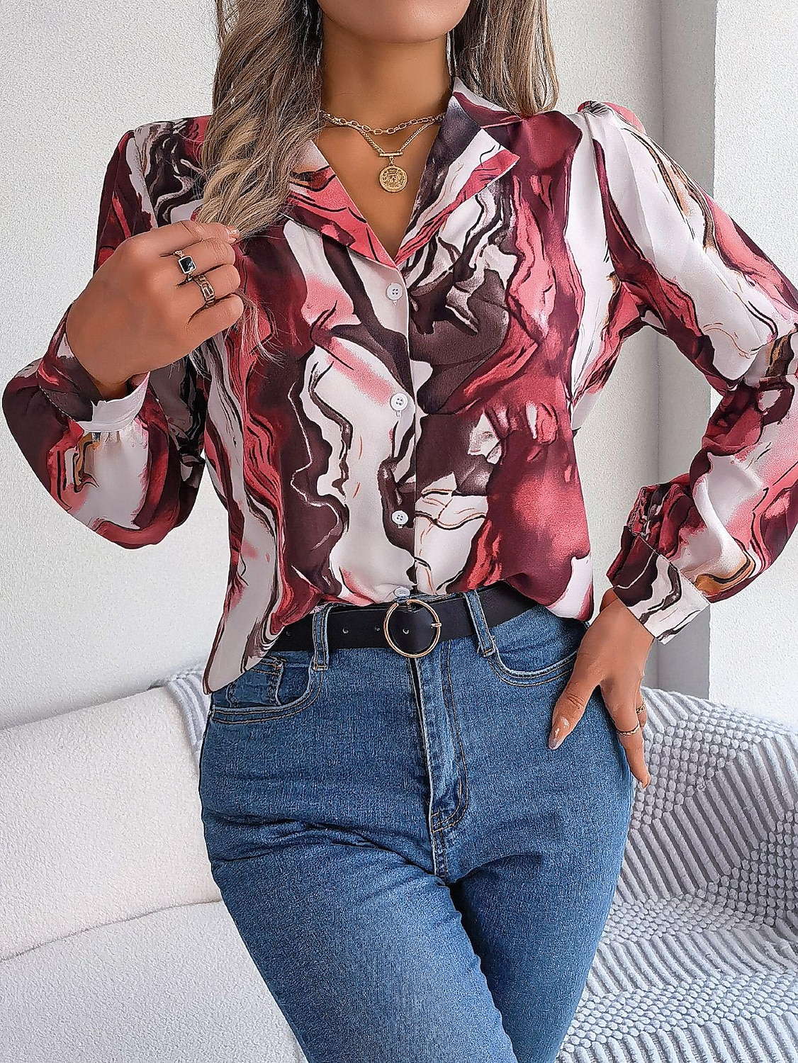 dames overhemd blouse mode abstract knopen print lange mouw normale tops overhemd kraag casual geel rood blauw paars groen lente& val 2025 - $29.99 –P5