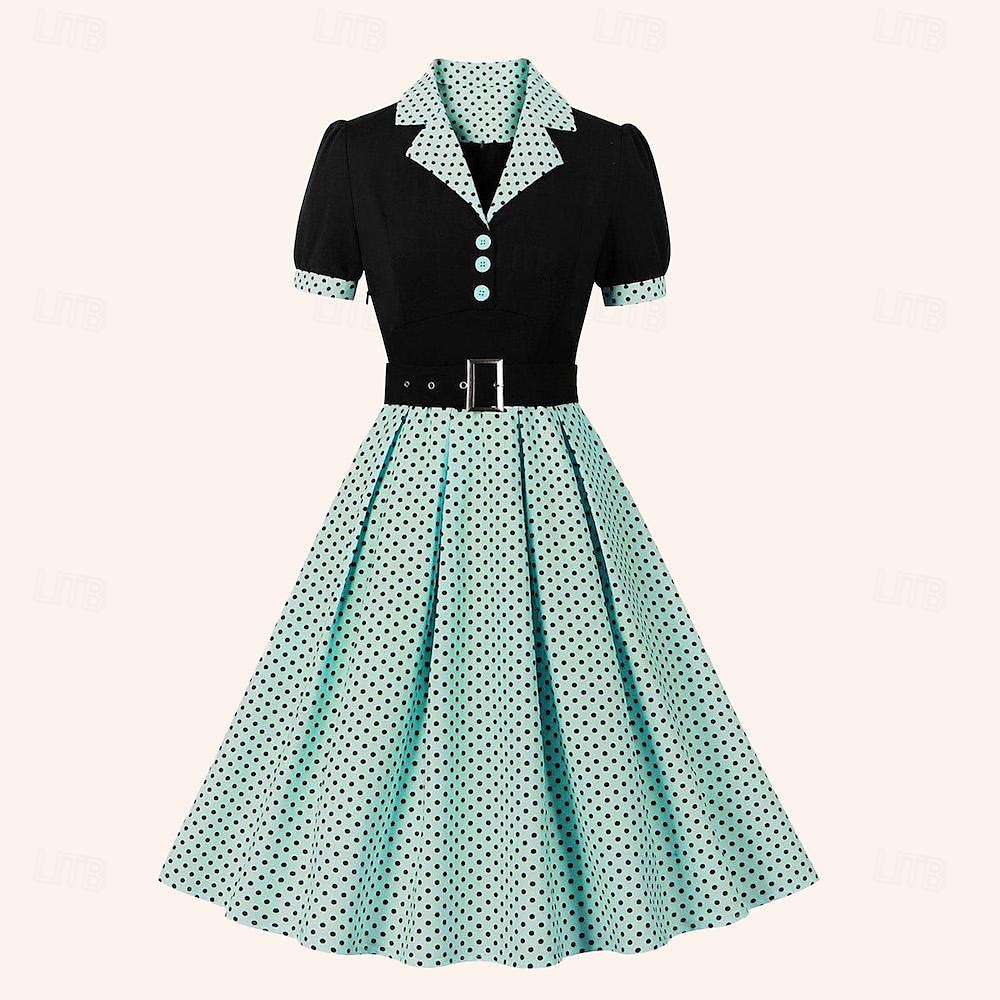 Retro 50. léta Polední A-Line šaty Houpací šaty Košilové šaty S páskem Puntíky Přehnutý Dámské Karneval Ležérní Denní nošení Retro tematická párty Dospělé Šaty Jaro léto 2025 - $32.99 –P14