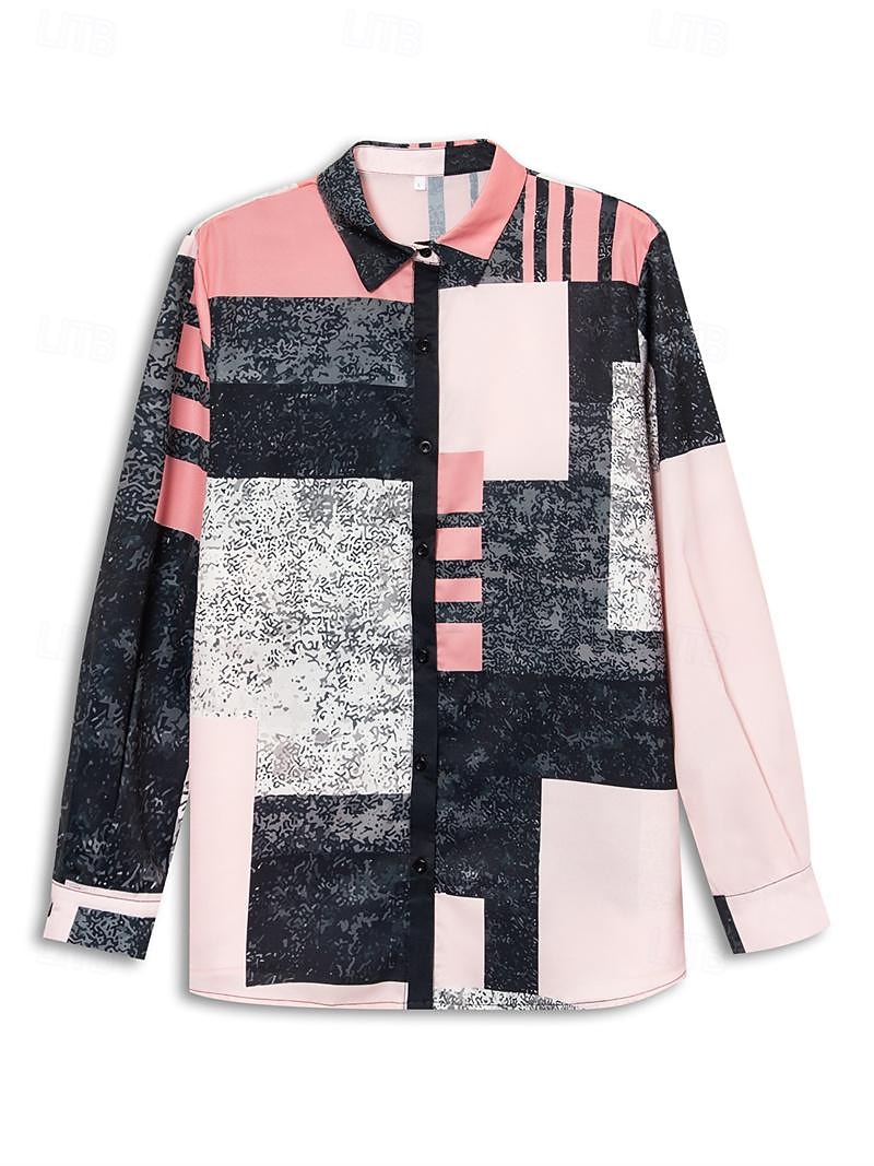 Damenhemd Langarm Knopfbluse Modisch Farbblock Druck Reguläre Tops Hemd Kragen Lässig Gelb Pink Blau Frühling  Herbst 2025 - $32.99 –P11