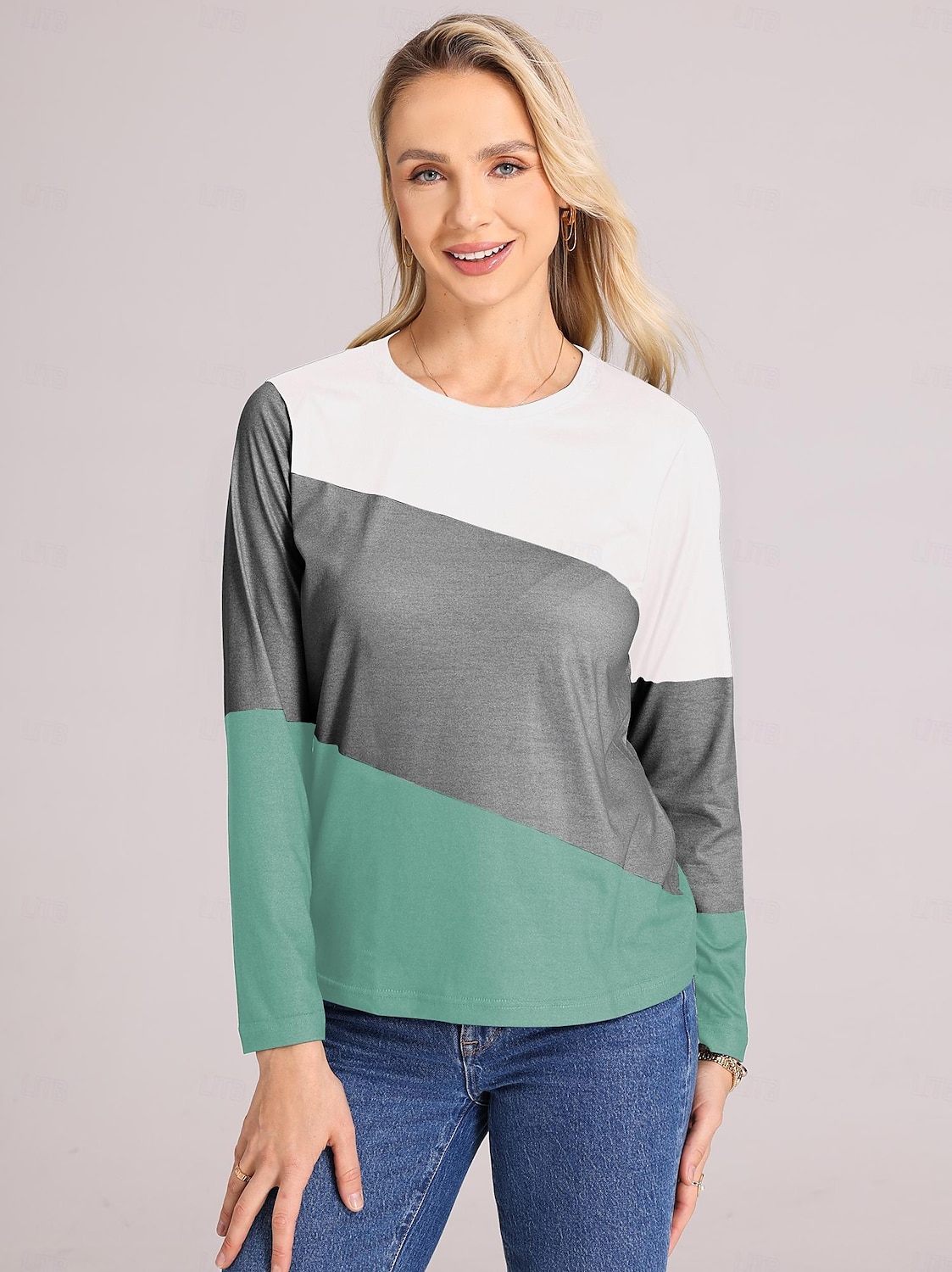 2025年 女性用 Tシャツ カラーブロック 日常 ベーシック 長袖 ラウンドネック レギュラートップス 日常 週末 プリント ピンク ブルー グリーン カーキ色 秋冬 コレクション – $3.79 –P5