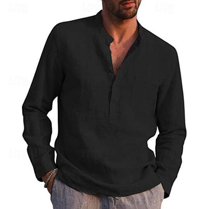 Camisas popover para hombre, color negro, azul marino, manga larga, lisas, estilo Henley, para vacaciones, estilo hawaiano, moda, informal, transpirable. 2025 - $19.49 –P6