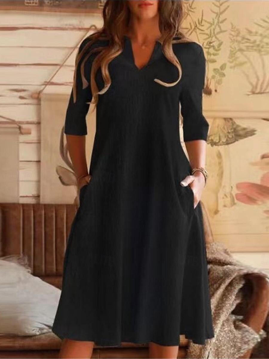 Damen Schwarz Blau Grau Sommer Frühling Midikleid Baumwoll-Leinen-Kleider Freizeitkleid Baumwoll-Sommerkleid Basic Modern Täglich Wochenende Lässiger Schnitt Einfach V-Ausschnitt 2025 - $26.99 –P3