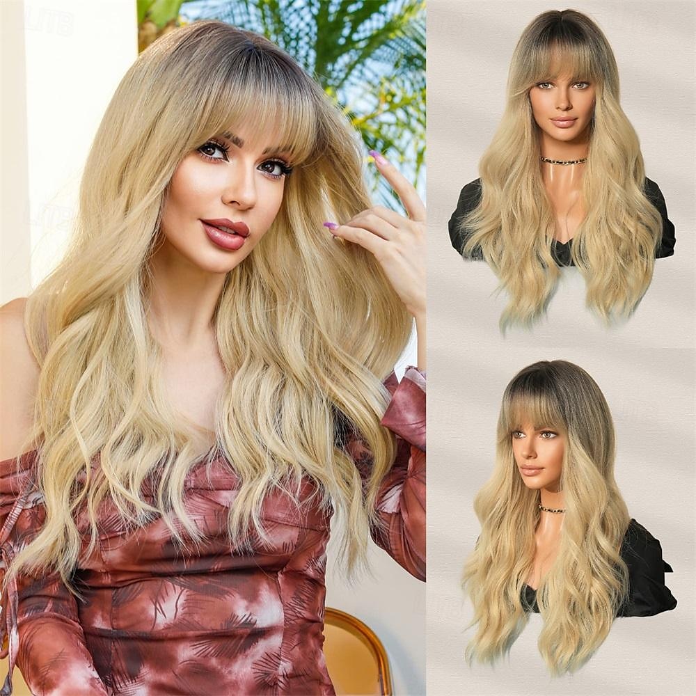 lunghe parrucche ondulate viola con frangia 26 pollici ricci sintetici parrucche ombre resistenti al cuore per le donne cosplay di feste quotidiane usate del 2025 a $21.99 –P11