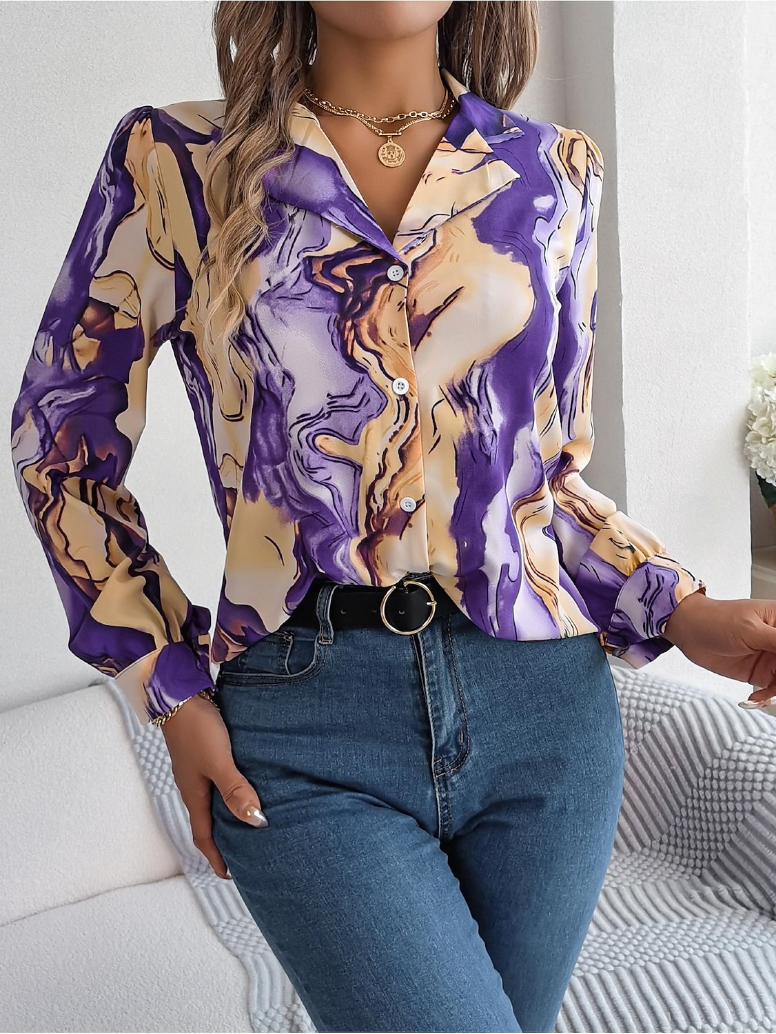 dames overhemd blouse mode abstract knopen print lange mouw normale tops overhemd kraag casual geel rood blauw paars groen lente& val 2025 - $29.99 –P7