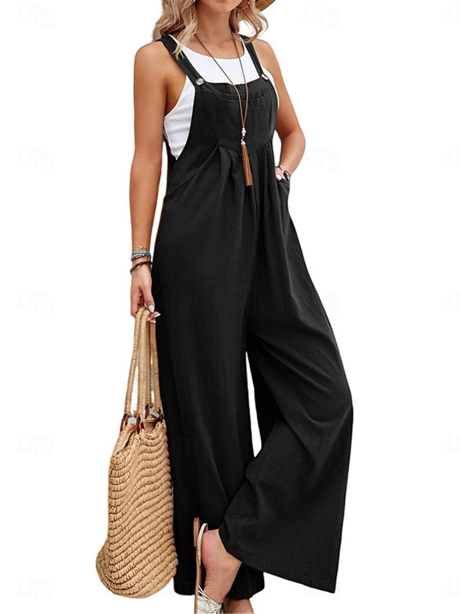 Femmes Normal Combinaison Streetwear Couleur Unie Sans manches Col carré Avec Poches Boutons Quotidien Rue Coupe régulière Noir Vin bleu marine Été de 2026 ? $24.99 –P5