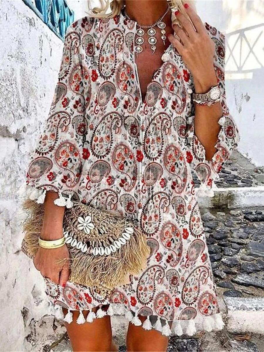 Dam Mini klänning Vardagsklänning Långärmad Boho klänning Sommarklänning Boho-klänning bohemliv Etnisk Semester Helgdag Lös passning Blommig Geometrisk Färgblock Delad hals Vit Rubinrött Marinbl 2026 - $28.99 –P1
