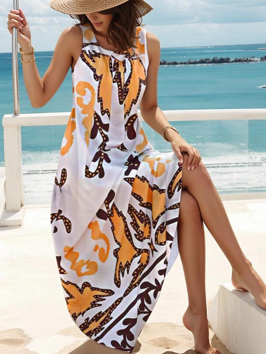 Pentru femei Rochie Maxi Rochie neagra Rochie Maxi Rochie de Vară Rochie de vară Romantic Casual Vacanță Petrecere Casual Potrivire Largă Floral Fără manșon Stil Nautic Negru Alb Curcubeu Vară 2025 - $36.99 –P3