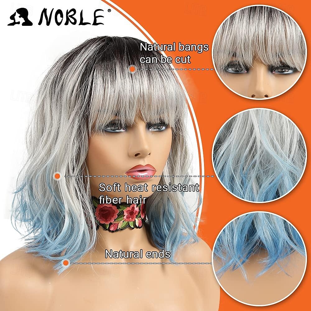 blauwe pruik met pony korte bob gekrulde pruiken voor witte vrouwen kleurrijke golvende bob pruiken met pony hittebestendige synthetische zilver blauwe pruiken voor dagelijks feest cosplay kostuum 2025 - $21.99 –P2