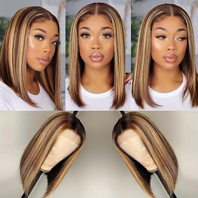 highlight 13*4*1 p4/27 remy haar korte bob ombre menselijk haar pruiken blonde pruik rechte bob pruik 2025 - $120.99 –P8