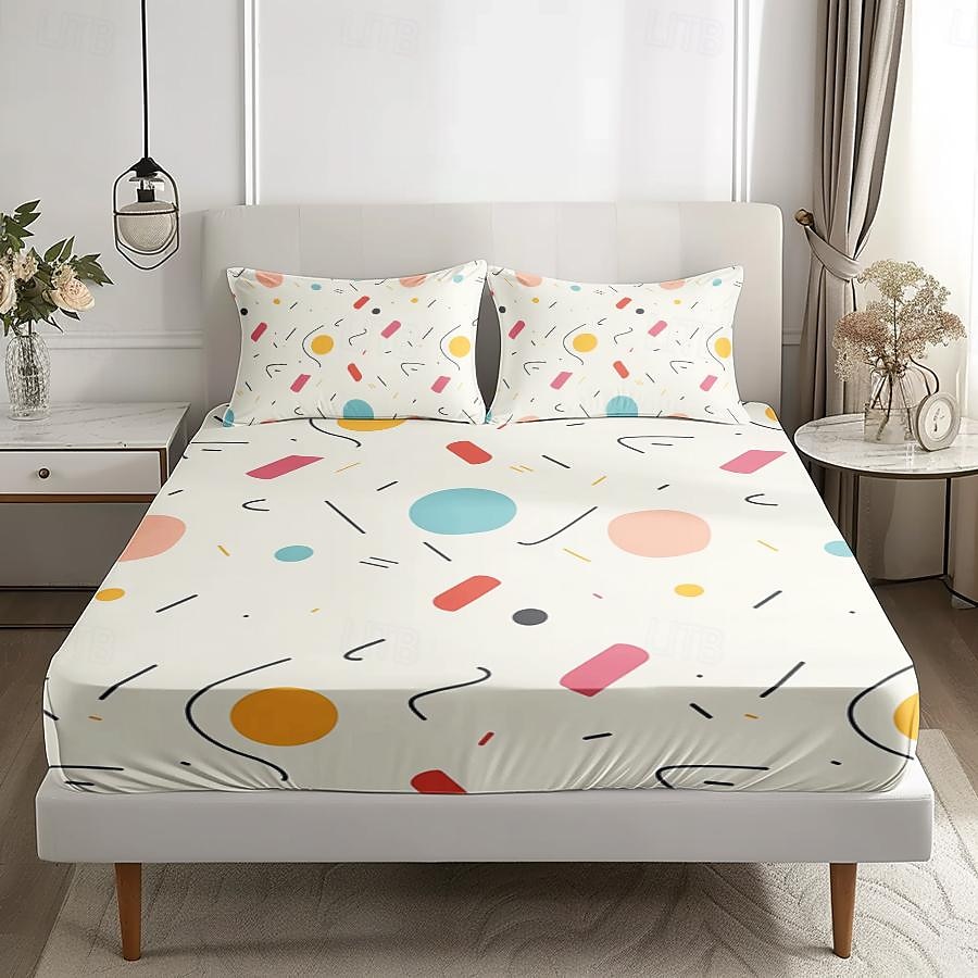 geometriskt lakan set ultramjuka silkeslena lakan som andas djup ficka 100 % mikrofiber lakan 3 delar queen king size 2025 - $45.99 –P6