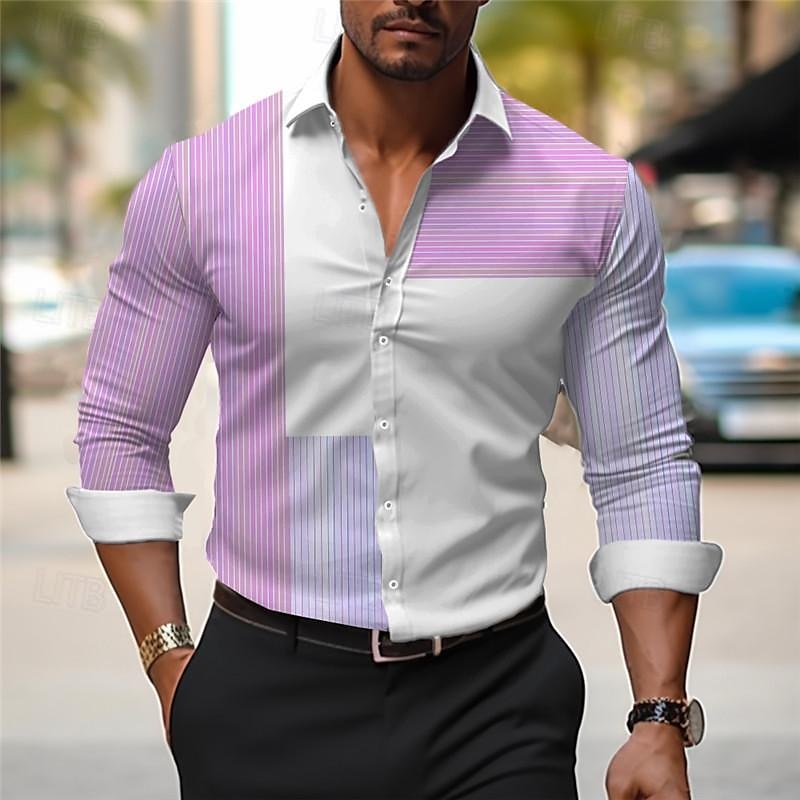 Voor heren Overhemd Bedrukte overhemden Streep Buiten Draag naar het werk Grijs + Paars IJzer Grijs Geel Rood Lange mouw Strijkijzer Lente zomer Kleding Afdrukken 2025 - $26.99 –P14
