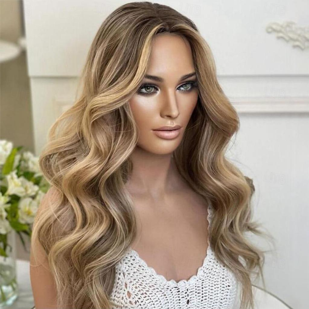 Unprocessed Virgin Hair 13x4 Lace Front Wig Layered Haircut Brazilian Hair Wavy Blonde Wig 130% 150% Density Highlighted / Balayage Hair Natural Hairline  Pre-Plucked For Women Long Human 2026 - $273.19 –P4