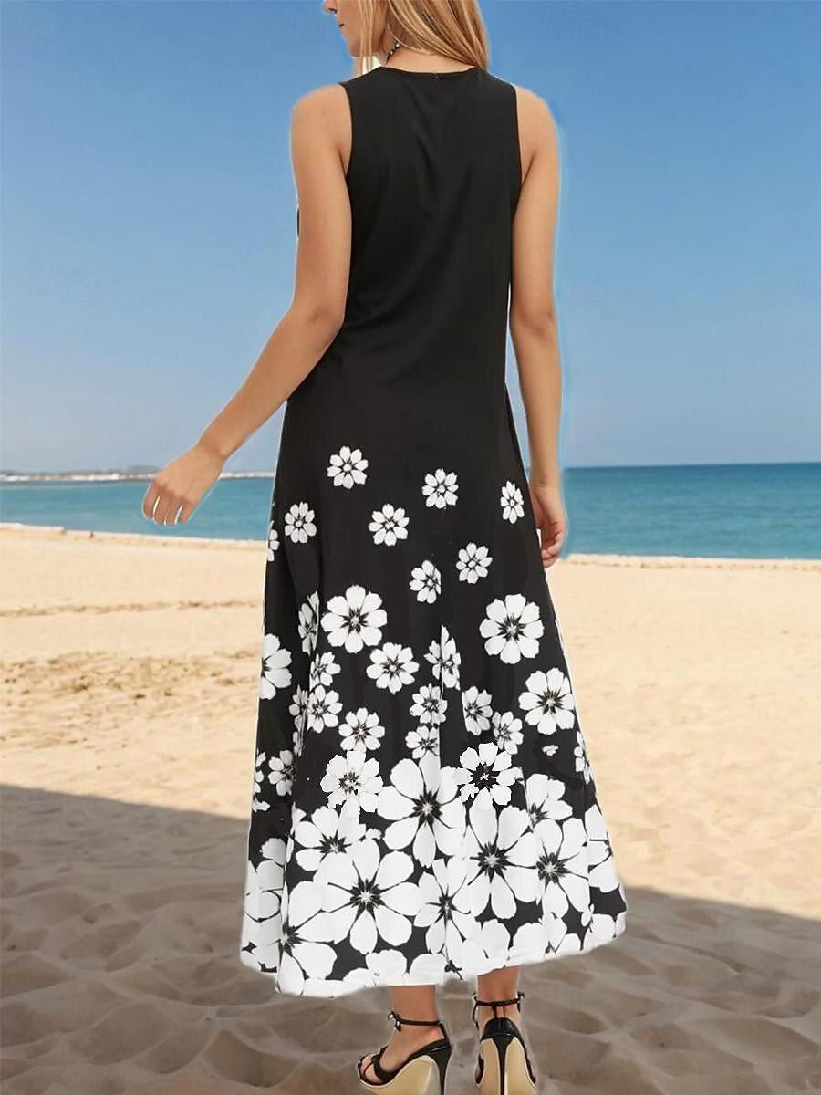 Pentru femei Rochie Maxi Rochie neagra Rochie Maxi Rochie de Vară Rochie de vară Romantic Casual Vacanță Petrecere Casual Potrivire Largă Floral Fără manșon Stil Nautic Negru Alb Curcubeu Vară 2025 - $36.99 –P2