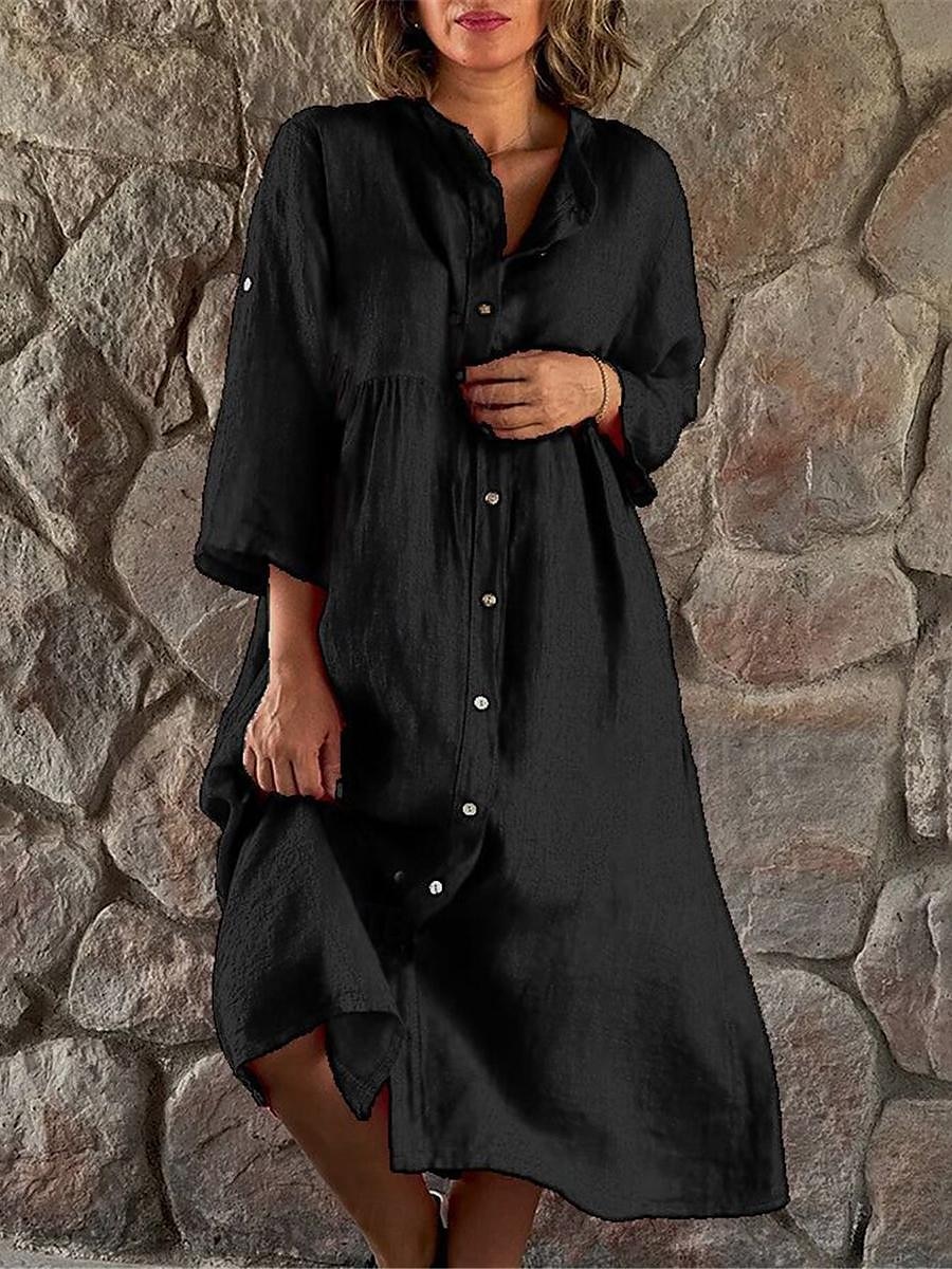 Women's Black White Yellow Summer Spring Midi Dress Linen-Inspired Dresses Shirt Dress Casual Dress Basic Modern Daily Weekend Loose Fit Plain Shirt Collar 2025 - $38.99 –P5